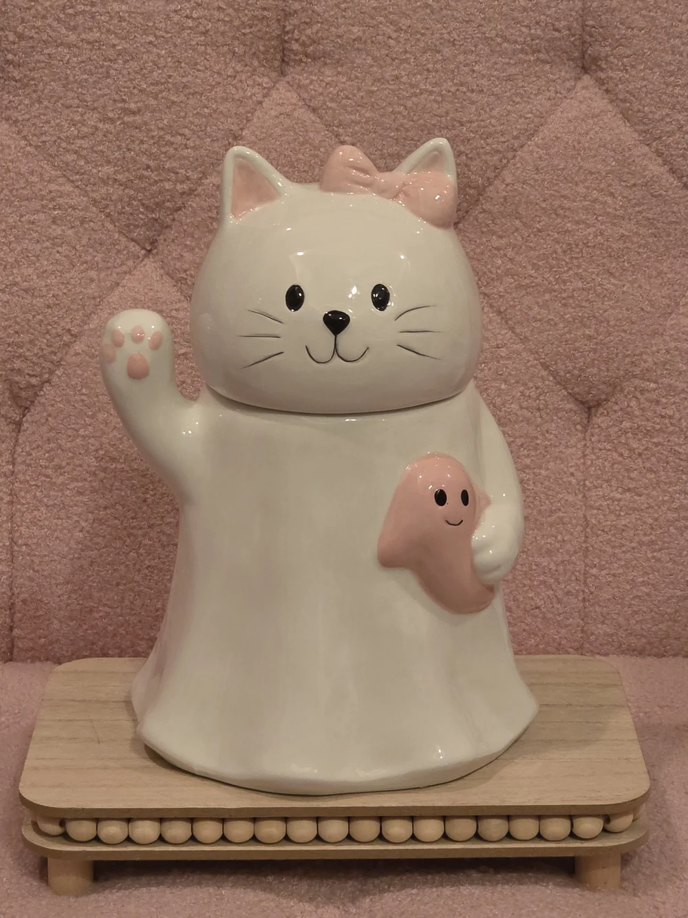 Ceramic White & Pink Cat Cookie Jar - Cute Paw & Bow Design